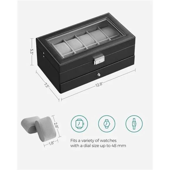 Watch Box 12-Slot Watch Case Organizer with Large Glass Lid 2 Layers